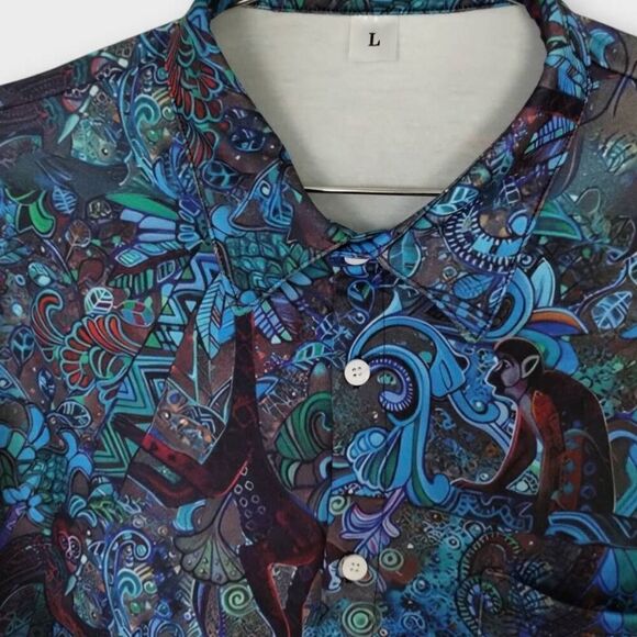 Mens Large Shirt Button Down Blue Brown Monkeys Floral Long Sleeve Polyester - Picture 2 of 11